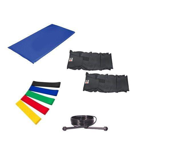 Imagem de Kit Colchonete Azul + Par de Caneleira De Peso 6kgs + 5 Mini Band Elástico para Exercícios + Corda de Pular Ajustável