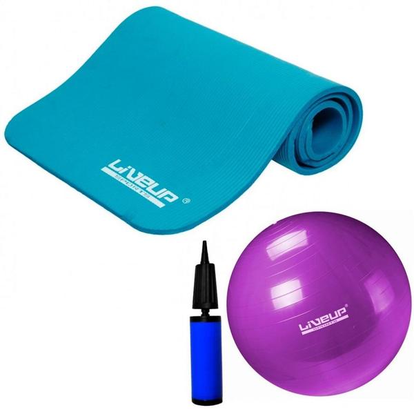 Imagem de Kit Colchonete Azul para Ginastica + Bola Suica 55cm Roxa Liveup  Liveup Sports 