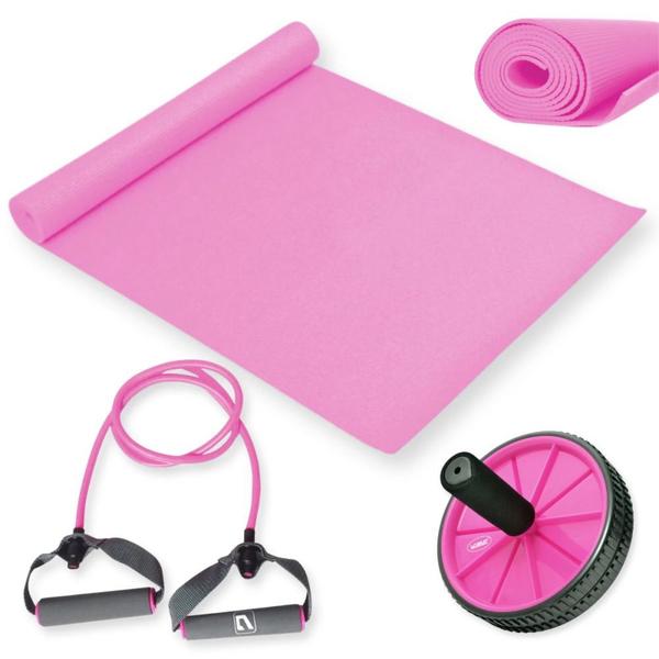 Imagem de Kit Colchonete Eva Rosa + Extensor Elastico Tensao Leve + Roda Abdominal Yoga / Pilates  Liveup Sports 