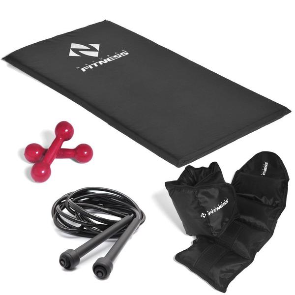 Imagem de Kit Colchonete + Halteres de 2kg + Caneleiras de 3kg + Corda de Pular Academia Fitness Musculação