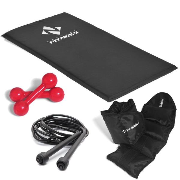 Kit Colchonete + Halteres de 3kg + Caneleiras de 2kg + Corda de Pular Academia Fitness Musculação Treino - Natural Fitness Imagem de Kit Colchonete + Halteres de 3kg + Caneleiras de 2kg + Corda de Pular Academia Fitness Musculação Treino