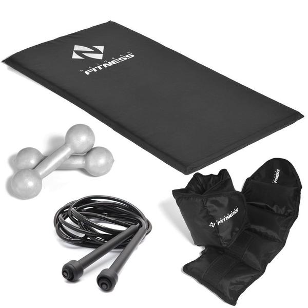 Kit Colchonete + Halteres de 4kg + Caneleiras de 4kg + Corda de Pular Academia Fitness Musculação - Natural Fitness Imagem de Kit Colchonete + Halteres de 4kg + Caneleiras de 4kg + Corda de Pular Academia Fitness Musculação