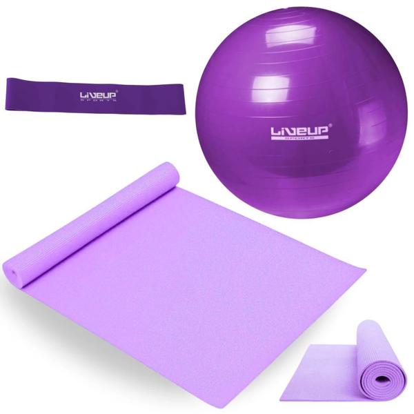 Imagem de Kit Colchonete Lilas 1,73 M + Bola Suica 55 Cm Pilates + Mini Band Elastico Super Forte para Exercicios  Liveup Sports 