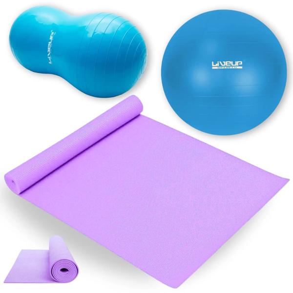 Imagem de Kit Colchonete Lilas 1,73 M Tapete Yoga + Bola Feijao 90 Cm + Bola Pilates Suica Premium 65 Cm  Liveup Sports 