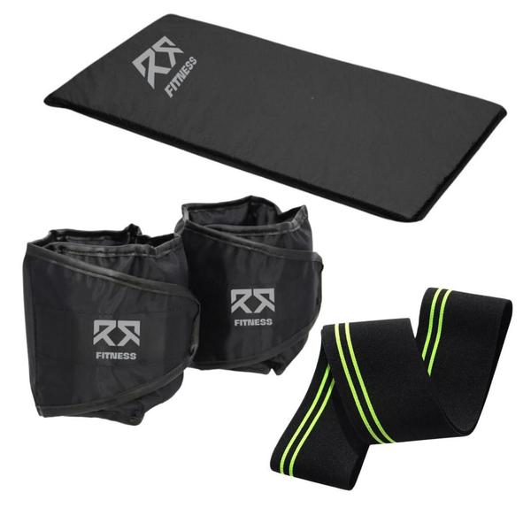 Imagem de Kit Colchonete + Mini Hip Band Forte + Par Caneleira Tornozeleira De Peso Elástico Profissional Para Treino Funcional Academia