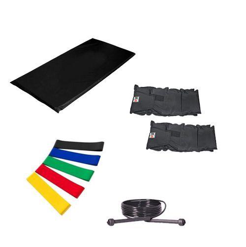 Imagem de Kit Colchonete Preto + Par de Caneleira 1kgs Profissional + 5 Mini Band Elástico para Exercícios + Corda de Pular