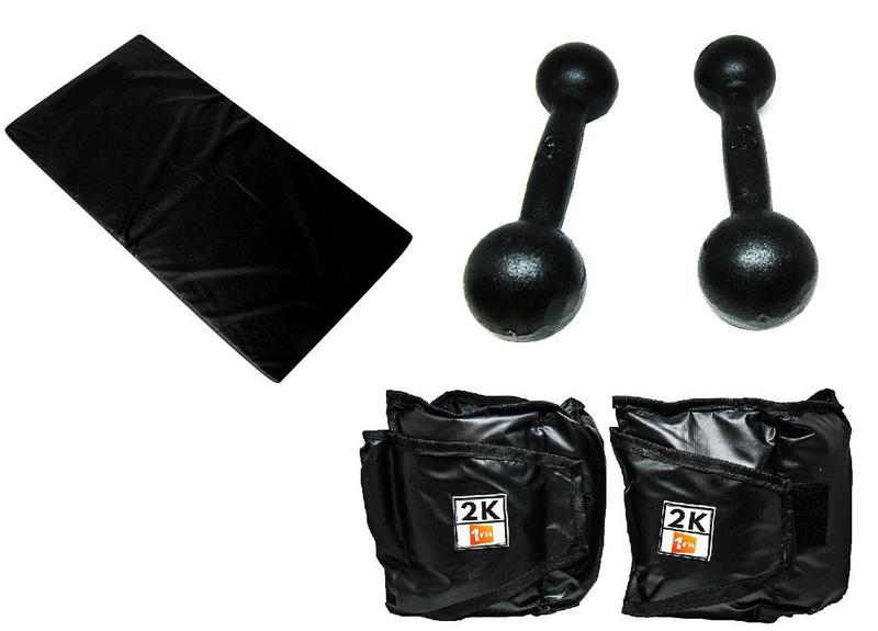 Imagem de Kit Colchonete Preto + Par de Caneleira Tornozeleira De Peso 2kgs Profissional + Par de Halter Bola Pintado 3kg