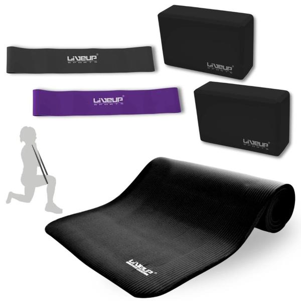 Imagem de Kit Colchonete Preto para Pilates + 2 Mini Bands + 2 Blocos de Apoio  Liveup Sports 