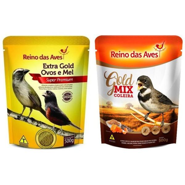 Imagem de Kit Coleira - Ração Extrusada Extra Gold Ovos E Mel 500g + Coleira Gold Mix 500g - Reino das Aves