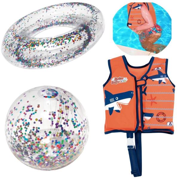 Imagem de Kit Colete Infantil Laranja Tamanho P/M + Bola e Boia Inflavel com Glitter  Mor 