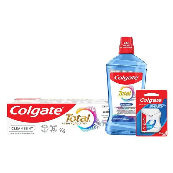 Imagem de Kit Colgate Total: Creme Dental 90g + Enxaguante Bucal +Fio Dental 50m