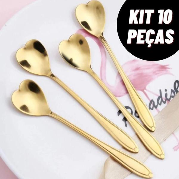 Imagem de Kit Colher Coração Fofa para Cozinha Mesa Posta Douradas Café Sobremesa Chá Aço Inoxidável OURO 10PCS