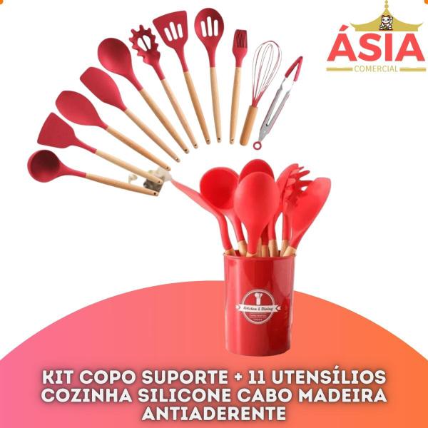 Imagem de Kit Colheres 12 Utensílios Cozinha Silicone Cabo Madeira Antiaderente