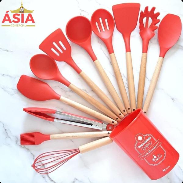 Imagem de Kit Colheres 12 Utensílios Cozinha Silicone Cabo Madeira Antiaderente