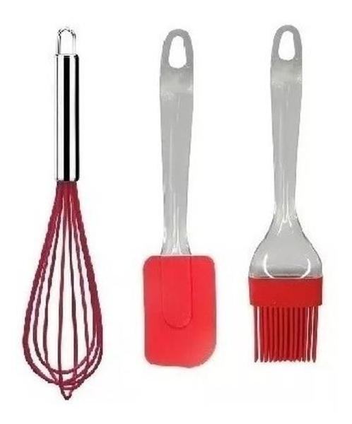 Imagem de Kit Colheres De Silicone Cabo Inox Utensílios Vermelho 11 Pç