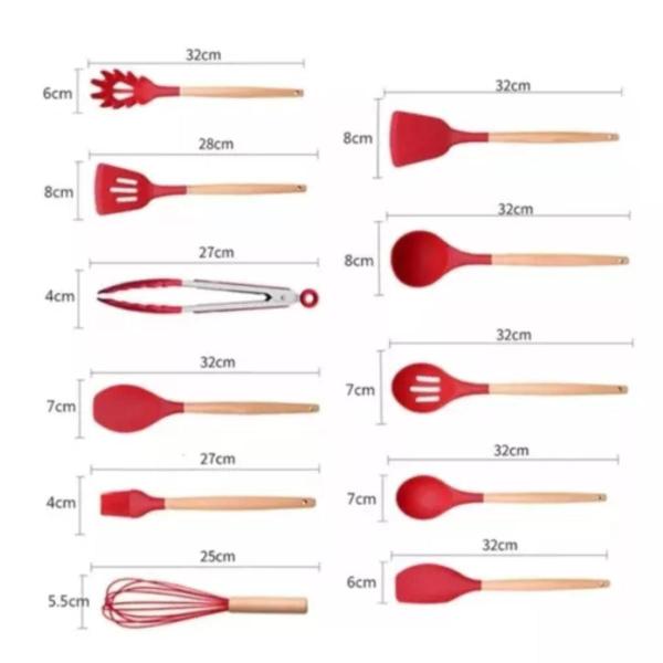 Imagem de Kit Colheres Silicones 12 Peças Copo Colher Espátula Concha Suporte Cozinha Cabo Madeira