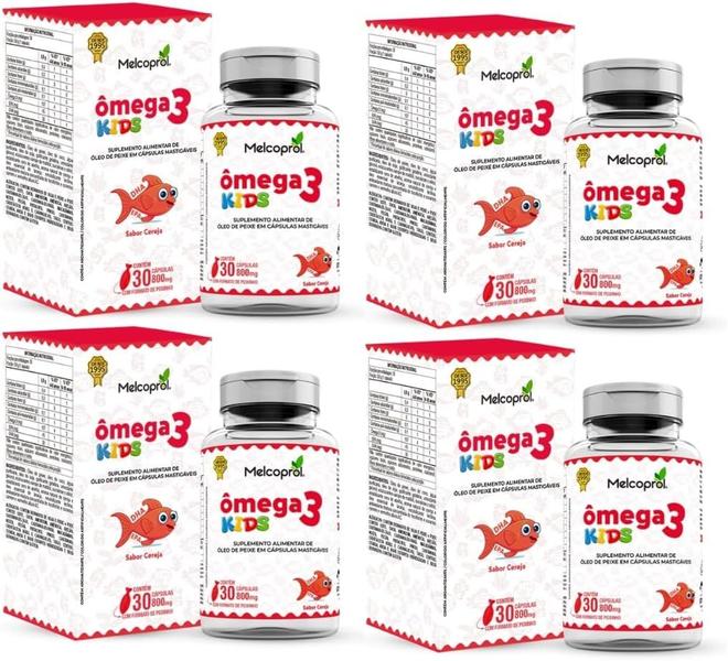 Imagem de Kit Com 04 - Ômega 3 Kids 30 Cápsulas Mastigáveis Peixinho Sabor Cereja Melcoprol