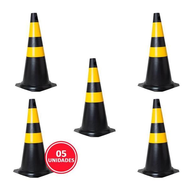 Imagem de Kit Com 05 Cones Em Pvc Rígido 75Cm Preto E Amarelo