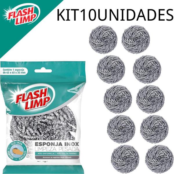 Imagem de KIT COM 10 ESPONJAS LIMPEZA PESADA INOX Cod.EA1409/10 - FLASH LIMP