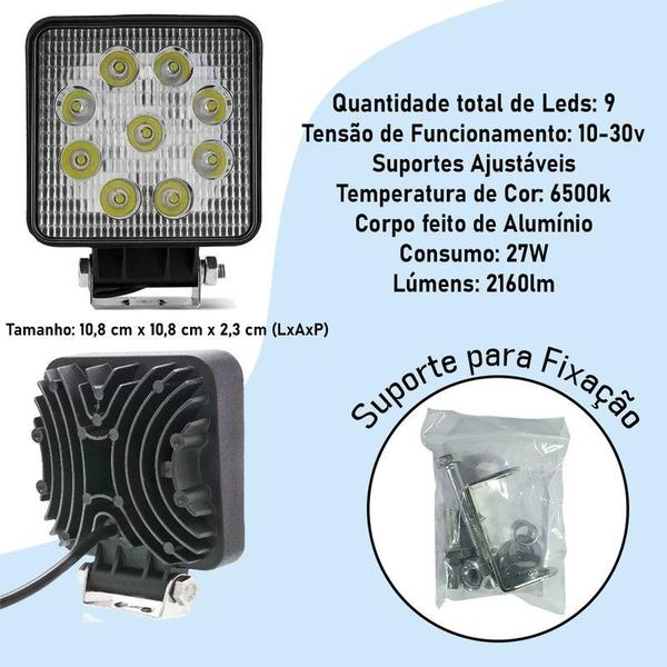 Imagem de KIT COM 10 FAROL AUX LED 27W 6000K 12/24V QUADRADO FINO 9 LEDSKit com 10 Faróis de Milha LED Branco 9 Leds Quadrado Univ