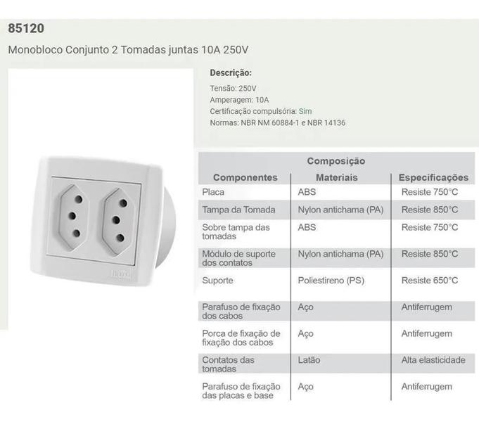 Imagem de Kit Com 10 Pç Tomada Dupla 10A Para Móveis Ilumi Slim Branca