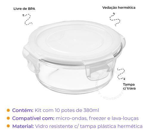 Imagem de Kit Com 10 Potes Herméticos de Vidro Marmitas Fitness Vasilhas Com Tampa Freezer Microondas 380ml