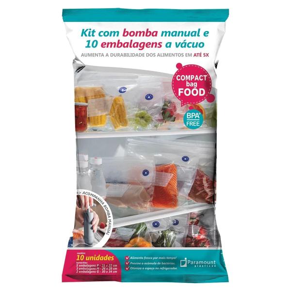 Kit Com 10 Sacos a Vácuo de Cozinha Para Congelar e Conservar Alimentos e Comidas Tamanhos Diversos + Bomba de Ar Manual - Paramount Imagem de Kit Com 10 Sacos a Vácuo de Cozinha Para Congelar e Conservar Alimentos e Comidas Tamanhos Diversos + Bomba de Ar Manual