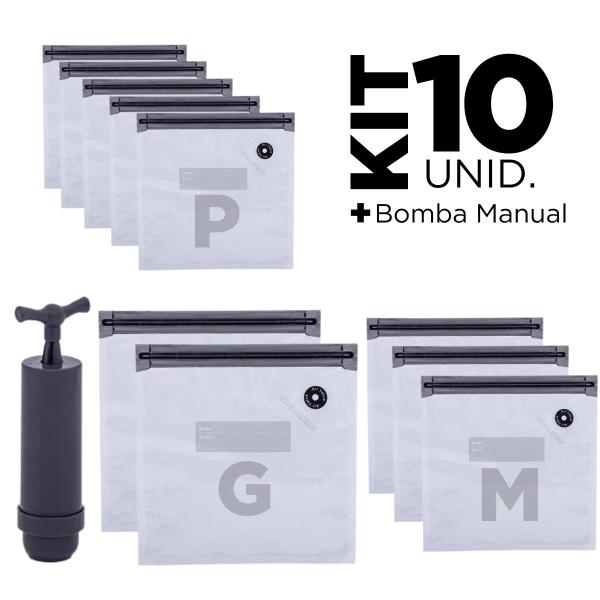 Kit Com 10 Sacos a Vácuo de Cozinha Para Congelar e Conservar Alimentos e Comidas Tamanhos Diversos + Bomba de Ar Manual - Paramount Imagem de Kit Com 10 Sacos a Vácuo de Cozinha Para Congelar e Conservar Alimentos e Comidas Tamanhos Diversos + Bomba de Ar Manual