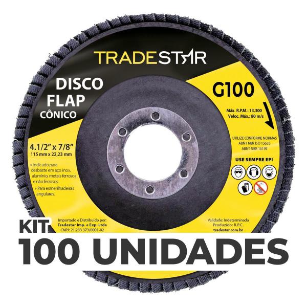 Kit Com 100 Disco Flap Conico 4.1/2 X 7/8 Fds115-100Fc Z101 - Tradestar Imagem de Kit Com 100 Disco Flap Conico 4.1/2 X 7/8 Fds115-100Fc Z101