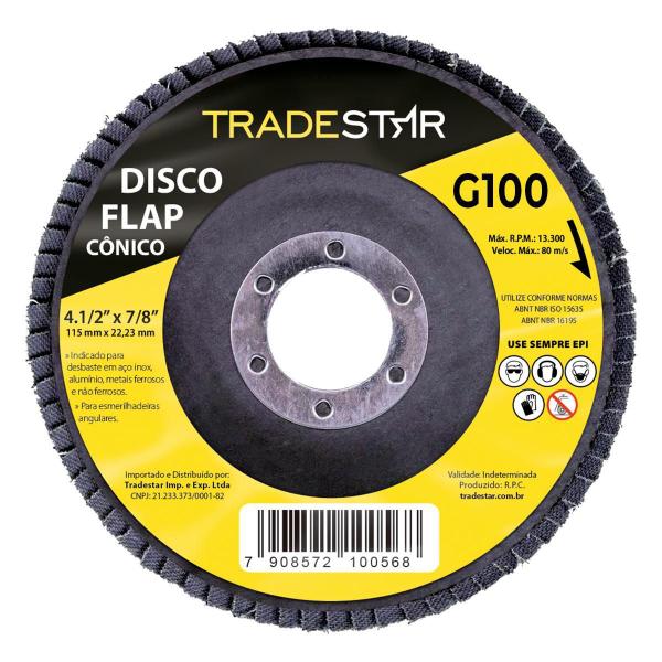 Kit Com 100 Disco Flap Conico 4.1/2 X 7/8 Fds115-100Fc Z101 - Tradestar Imagem de Kit Com 100 Disco Flap Conico 4.1/2 X 7/8 Fds115-100Fc Z101
