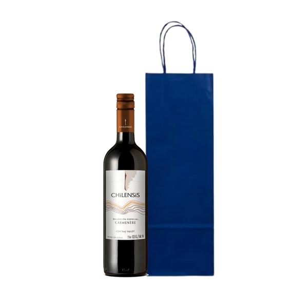 Imagem de Kit Com 100 Sacolas Papel Kraft Azul Para Garrafa Vinho Presente Loja 12x36x8,5cm