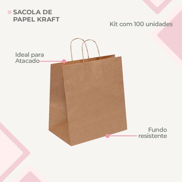 Imagem de Kit com 100Un de Sacolas de Papel Kraft M Econômica Biodegradável e Reciclável 28,5x24x12cm