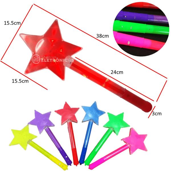 Imagem de Kit Com 12 Bastão Varinha Mágica Estrela De Led Brilhante Super Festa OK008