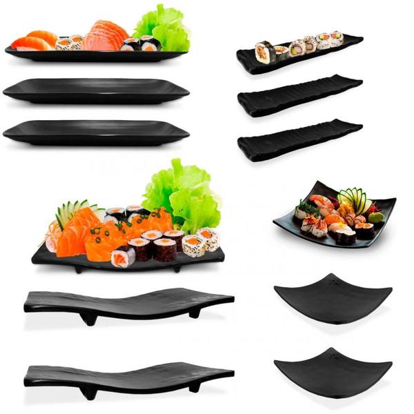 Imagem de Kit com 12 Pecas Pratos em Melamina/Plastico Preto para Sushi  Bestfer 