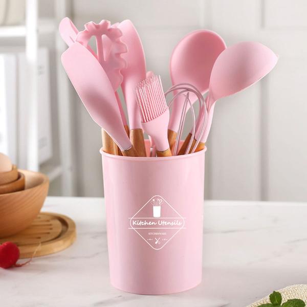 Imagem de Kit com 12 peças Utensílios de cozinha colheres espatula silicone cabo em madeira - LIVRE DE BPA