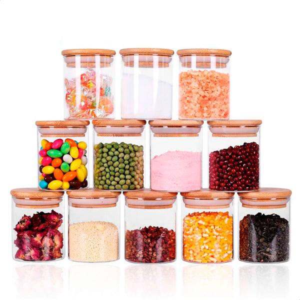 Kit com 12 Potes 200ml de Vidro Herméticos Organizadores de Cozinha Tampa Bambu Etiqueta e Caneta