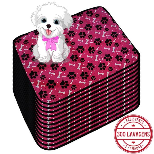 Imagem de Kit com 12 Tapetinhos Alta Absorção para Pets 70x50 Patinhas Rosa 3 Camadas - 300 Lavagens