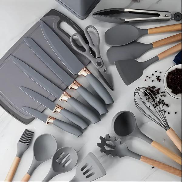 Imagem de Kit com 19 Utensílios de Cozinha Cinza Silicone Madeira Inox