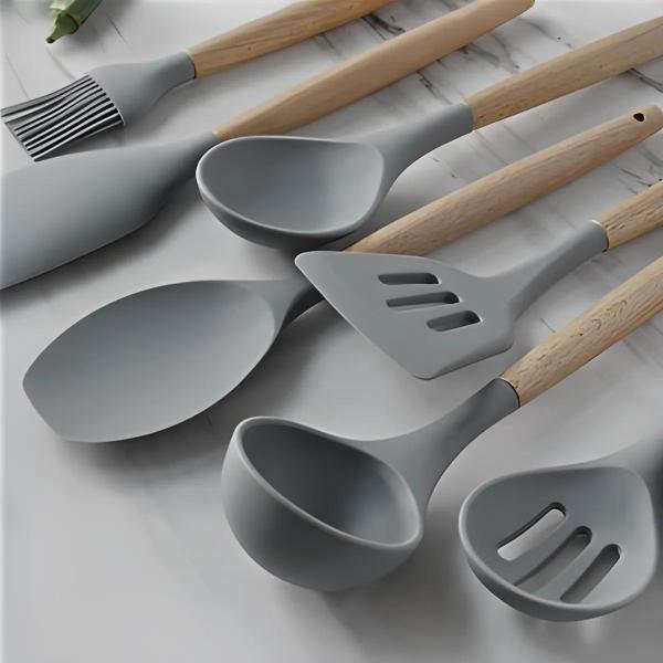 Imagem de Kit com 19 Utensílios de Cozinha Cinza Silicone Madeira Inox