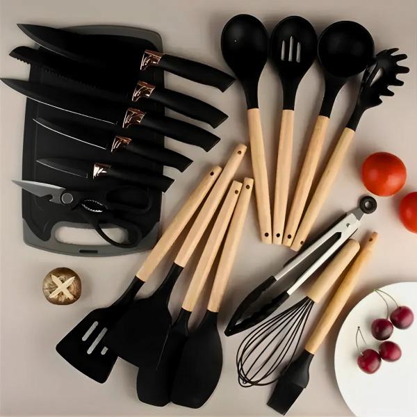 Imagem de Kit com 19 Utensílios de Cozinha Preto Silicone Madeira Inox