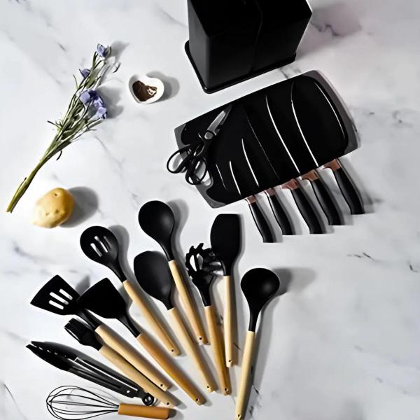 Imagem de Kit com 19 Utensílios de Cozinha Preto Silicone Madeira Inox