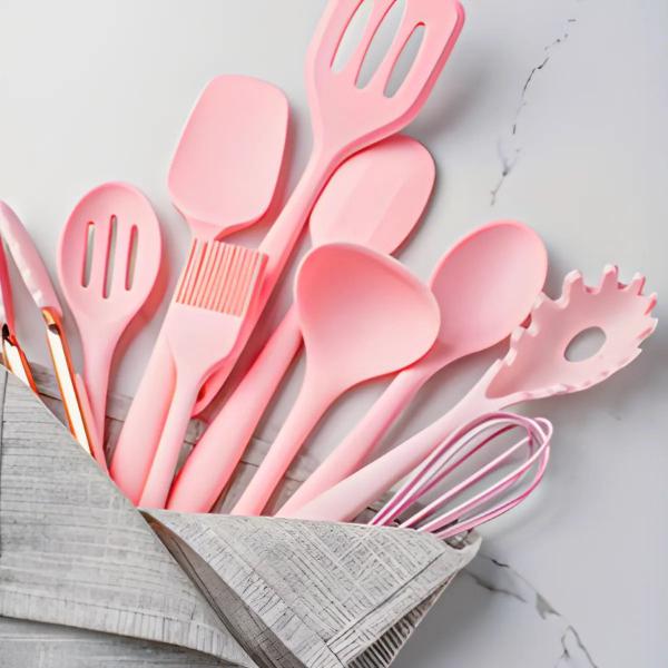 Imagem de Kit com 19 Utensílios de Cozinha Rosa Silicone Madeira Inox