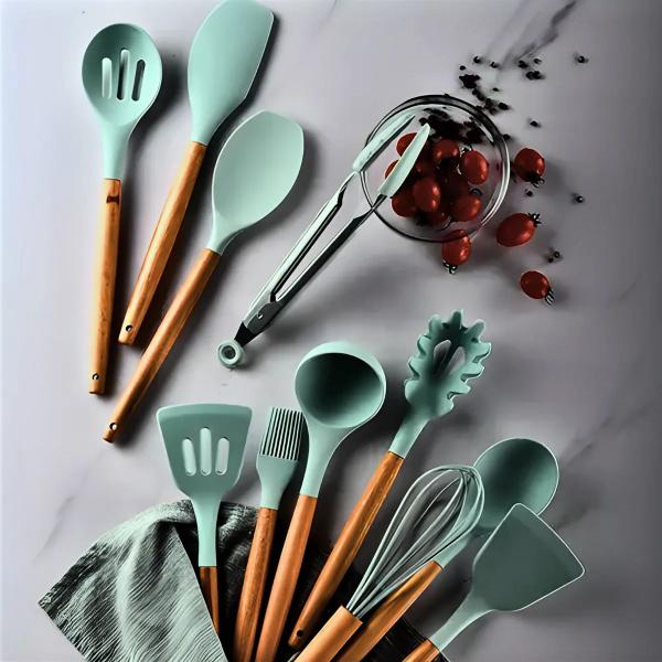 Imagem de Kit com 19 Utensílios de Cozinha Verde Silicone Madeira Inox