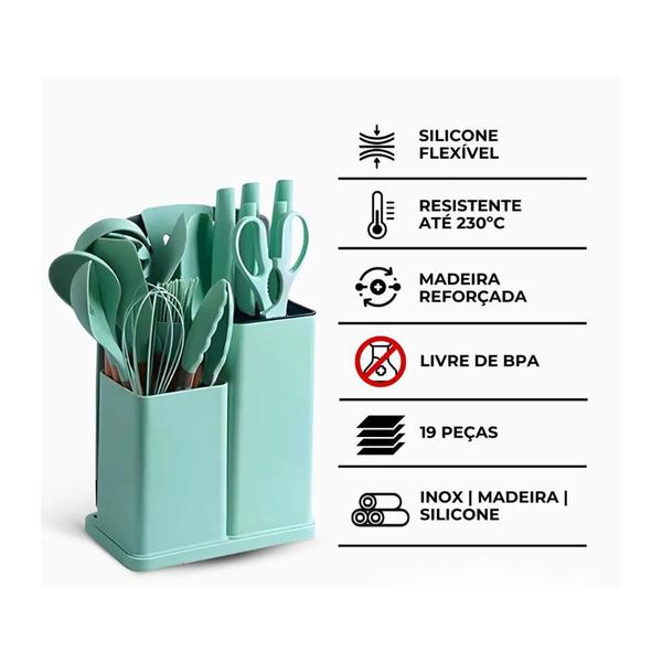 Imagem de Kit com 19 Utensílios de Cozinha Verde Silicone Madeira Inox