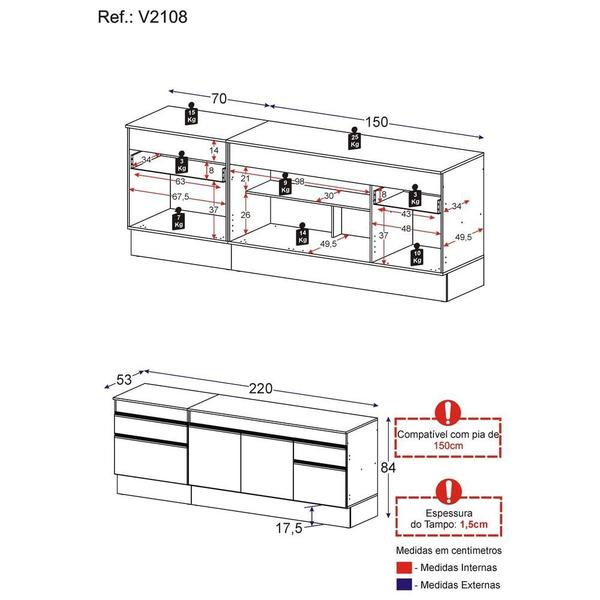 Imagem de Kit com 2 Balcões de Cozinha 150cm e 70cm com Rodapé Veneza Multimóveis V2108