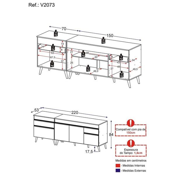 Imagem de Kit com 2 Balcões de Cozinha 150cm e 70cm Veneza Multimóveis V2073