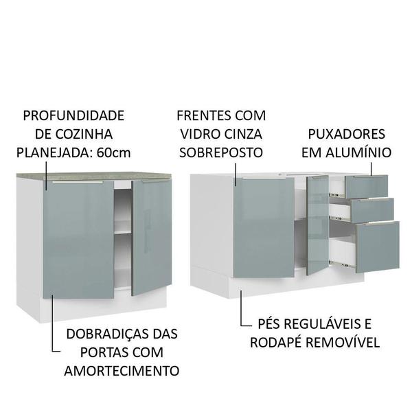 Imagem de Kit com 2 Balcões de Cozinha Madesa Lux 4 Portas 3 Gavetas (Sem Tampo e Pia) - Branco/Cinza