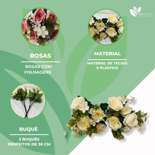 Imagem de Kit com 2 Buquês de Rosas e Flores com Folhagens Artificial