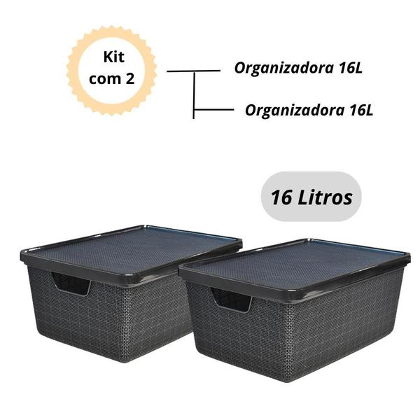 Imagem de Kit Com 2 Caixas 16 Litros Cesto Organizadora C/ Tampa Plástico Preto