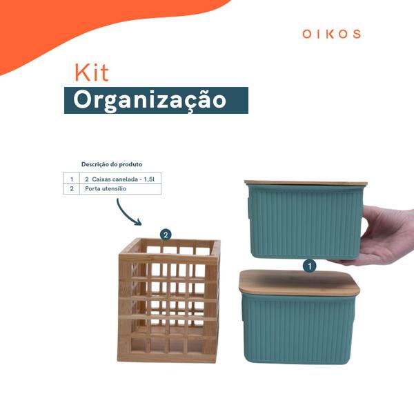 Imagem de Kit com 2 caixas organizadoras caneladas com tampa de bambu 1,5l e porta utensílios de bambu - Oikos